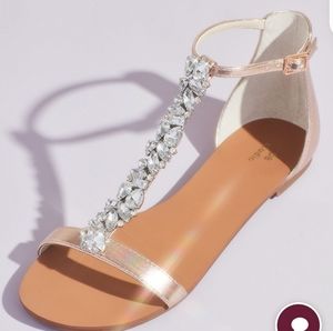 Crystal encrusted t-strap metallic flat sandals